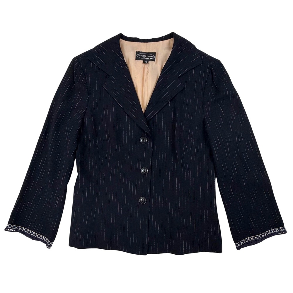 Nanette Lepore Navy Metallic Pinstripe Blazer Jacket Lace Cuff Detail Size 10
